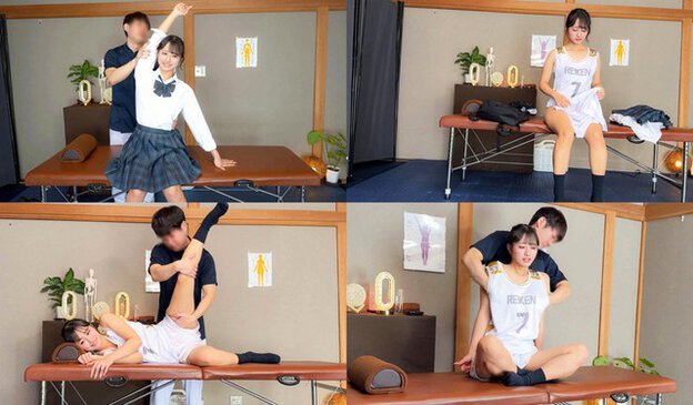 制服姿と白いバスケウェア姿のかほが施術台で腕を上げ、脚を持ち上げられる姿が並ぶ